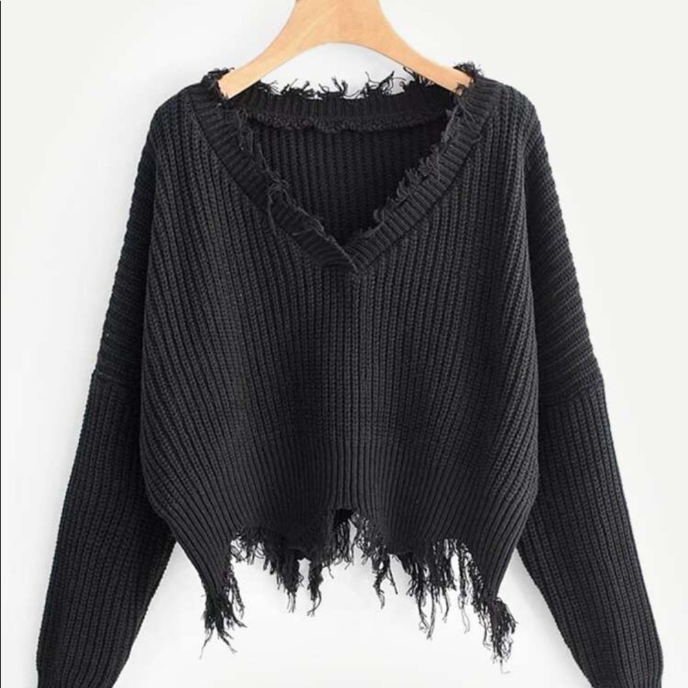 Frayed Trim Drop Shoulder Sweater